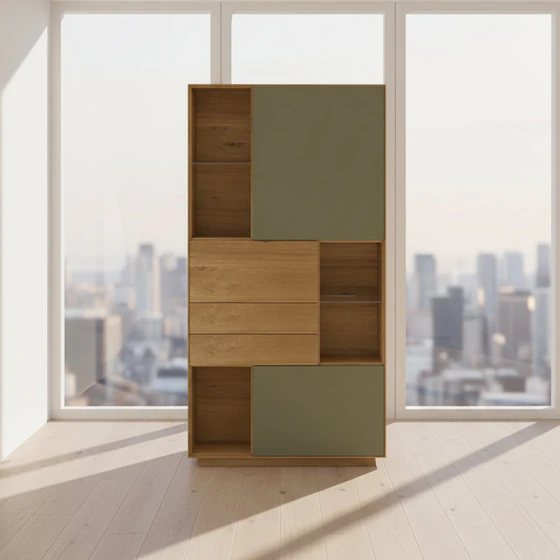 Anrei Puro Style SY772 – Vitrine in Asteiche mit Zopfbürstung, 98,1×198,6×35 cm, Lacktüren salbei, Freisteller