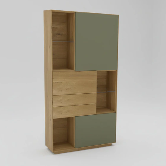 Anrei Puro Style SY772 – Vitrine in Asteiche mit Zopfbürstung, Lackelemente Salbei, 98,1×198,6×35 cm, Freisteller