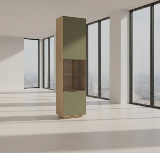Anrei Puro Style SY771 – Vitrine in Asteiche mit Glastür und schwarzem Metallrahmen, 50×198,6×35 cm, Ambientem Lack salbei