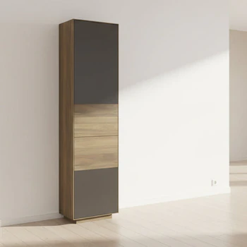 Frontdetail SY770 – oben/unten MDF lackiert, mittig Holz mit Zopfbürstung, Astnuss, Lack Zartbitter