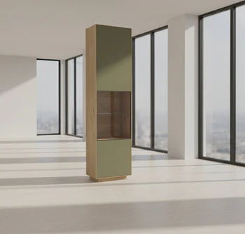 Anrei Puro Style SY771 – Vitrine in Asteiche mit Glastür und schwarzem Metallrahmen, 50×198,6×35 cm, Ambientem Lack salbei