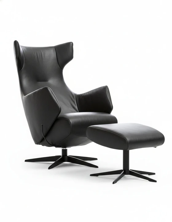 AERA TR-1005 Relaxsessel – Frontansicht in Leder Runner Schwarz, Fuß 32 mit Hocker Senza