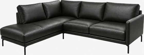 Violetta Sitzkomfort Winkelecke Terni in schwarzem Leder mit Longchair links und filigranen schwarzen Metallfüßen
