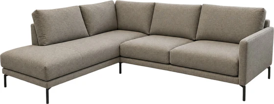 Violetta Sitzkomfort Winkelecke Terni in hellem Stoff mit Longchair links und schwarzen Metallfüßen
