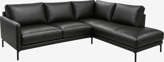 Violetta Sitzkomfort Winkelecke Terni in schwarzem Leder mit Longchair rechts und schwarzen Metallfüßen