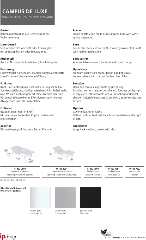 IPDesign Daybed Campus (Deluxe) & Zubehör – Leder Galaxy schwarz, glatt oder Steppung - Möbelhaus H. Zeppenfeld GmbH