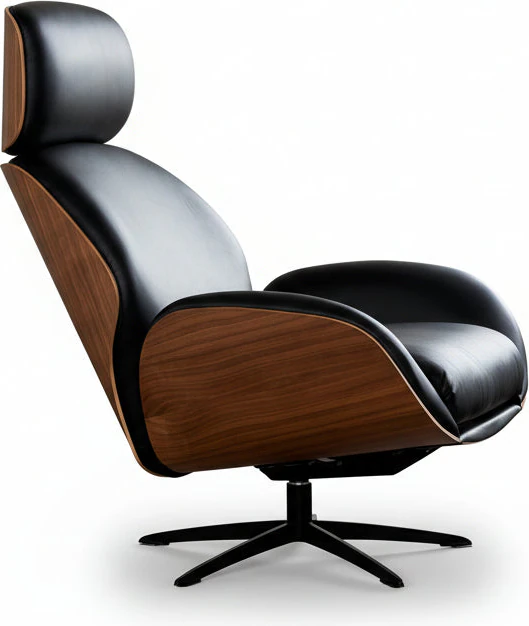 Trinity Relaxsessel – Leder Galaxy weiß, Holzschale Nussbaum, schlankes Drehkreuz, Freisteller