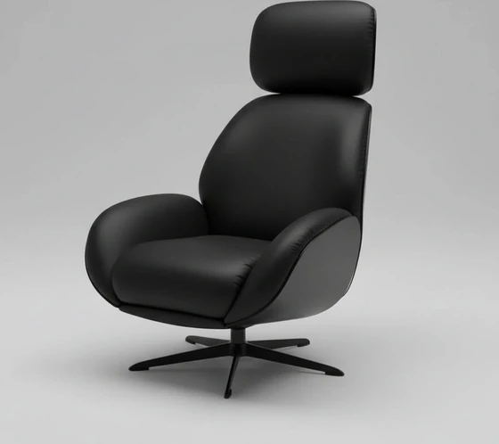 Trinity Relaxsessel – Leder Galaxy schwarz, Holzschale Eiche schwarz, schlankes Drehkreuz, Freisteller