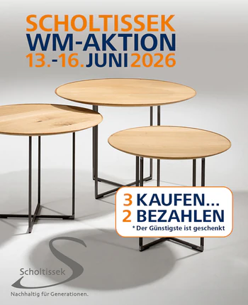 Scholtissek WM-Aktion 13. bis 16. Juni 2026 für runde Massivholz-Beistelltische.