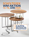 Scholtissek WM-Aktion 2026 mit runden Massivholz-Beistelltischen: 3 kaufen, 2 bezahlen.