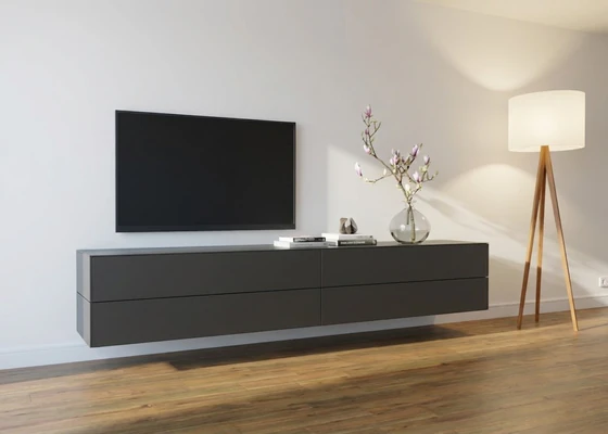 Sudbrock Designer-Lowboard Cubo in Quarz mit Glasabdeckung als Neuware originalverpackt im Abverkauf