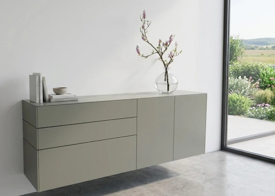 Sudbrock Cubo Design-Sideboard in Salbei matt als Neuware aus der Ausstellung im Abverkauf bei Möbel Zeppenfeld
