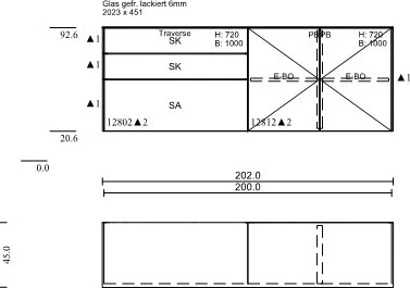 Technische Zeichnung des Sudbrock Cubo Hängesideboards in Salbei matt mit Maßen 202 x 73 x 45 cm und Stauraumaufteilung
