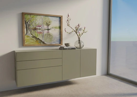 Wandhängendes Sudbrock Cubo Sideboard in Lack Salbei matt mit ruhiger Frontgestaltung für moderne Wohnräume