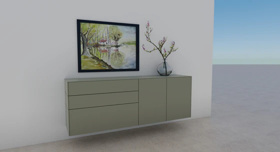 Sudbrock Cubo Sideboard in Lack Salbei matt als elegantes Wohnbeispiel für Wohnzimmer, Essbereich oder Flur