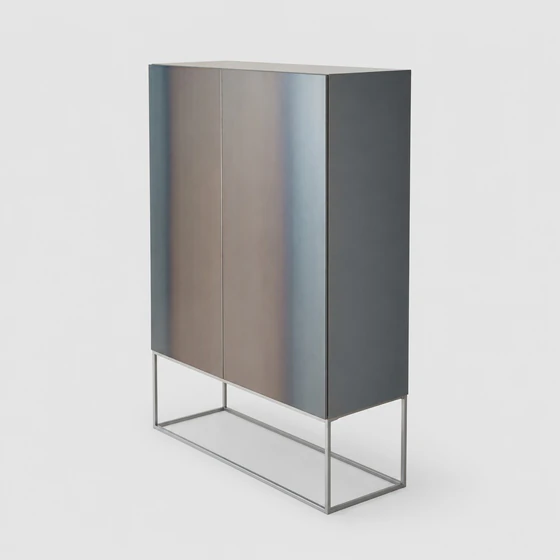 Kettnaker CASE Highboard mit graublauem Korpus, Schwarzstahl-Front und filigranem Gittergestell bei Möbel Zeppenfeld in Olpe