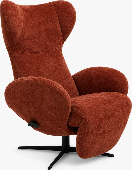 JORI Relaxsessel Infinity Monomove JR-7495 in rostfarbenem Stoff Mumble, aufrechte Drei-Viertel-Ansicht mit schwarzem Sternfuß, erhältlich in Mini, Medi und Maxi.