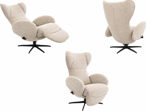JORI Relaxsessel Infinity Monomove JR-7495 in hellem Stoff Diva 21, geneigte Relaxposition mit ausgefahrener Fußstütze, verfügbar in Mini, Medi und Maxi. in allen Verstellpositionen