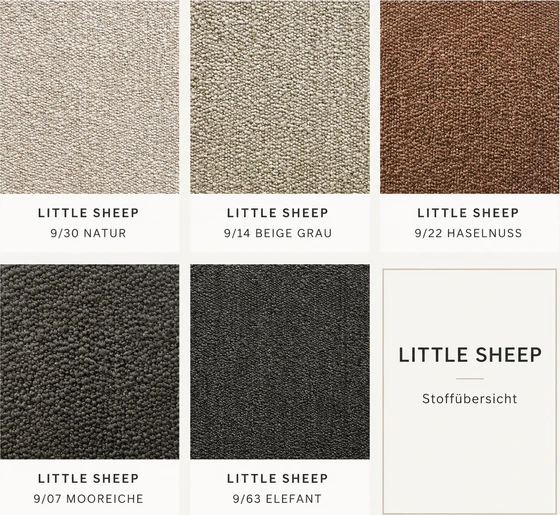 Stoffübersicht Little Sheep für Bullfrog Design Marlene mit den Farben Natur, Beige Grau, Haselnuss, Mooreiche und Elefant bei Möbel Zeppenfeld in Olpe