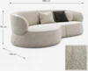 Bielefelder Werkstätten Sofa Nimbo mit rundem Abschlusselement links, Maßangaben von 285 × 130 × 78 cm und quadratischem Detail des cremeweißen Strukturstoffs links