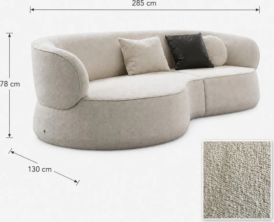 Bielefelder Werkstätten Sofa Nimbo mit rundem Abschlusselement links, Maßangaben von 285 × 130 × 78 cm und quadratischem Detail des cremeweißen Strukturstoffs unten rechts.