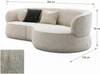 Bielefelder Werkstätten Sofa Nimbo mit rundem Abschlusselement rechts, Maßangaben von 285 × 130 × 78 cm und quadratischem Detail des cremeweißen Strukturstoffs unten links.