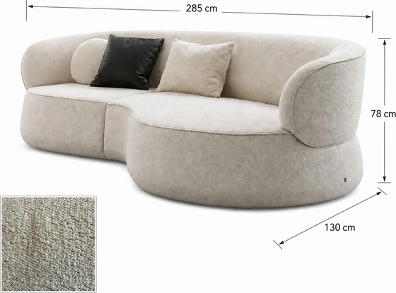 Bielefelder Werkstätten Sofa Nimbo mit rundem Abschlusselement rechts, Maßangaben von 285 × 130 × 78 cm und quadratischem Detail des cremeweißen Strukturstoffs unten links.