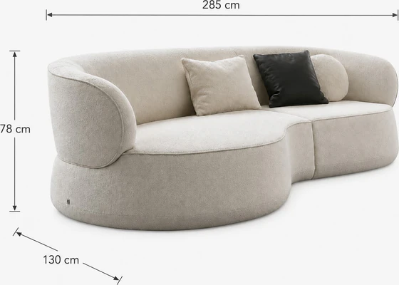 Maßgrafik des Bielefelder Werkstätten Sofa Nimbo mit rundem Abschlusselement links und eingeblendeten Angaben von 285 cm Breite, 78 cm Höhe und 130 cm Tiefe.